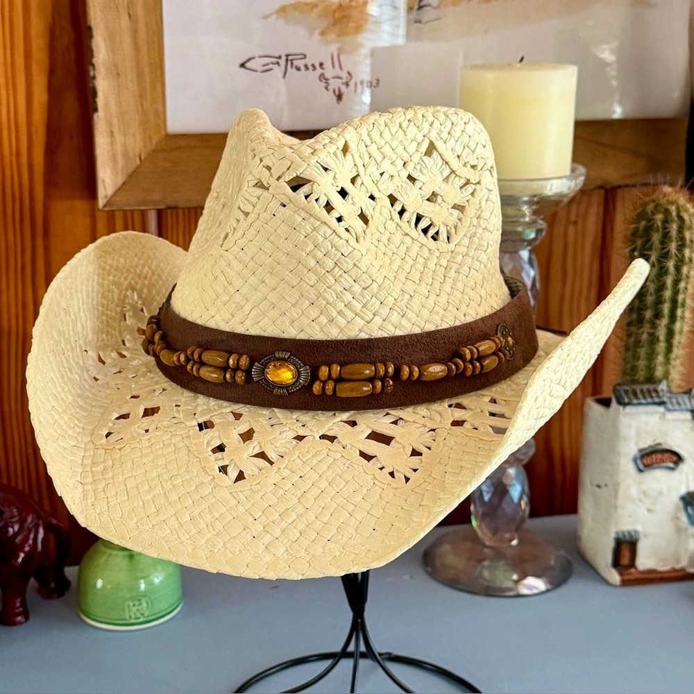 Women’s Straw Cowboy Hat Amber and Wooden Bead Western Drifter